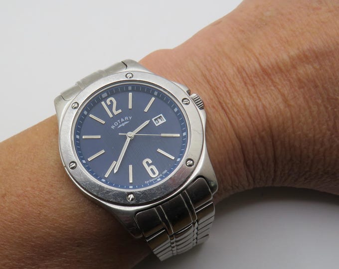 Vintage Rotary watch / Quartz watch / Blue dial watch / vintage gents Watch / Large wrist 8" watch / vintage sport  / gift for him (u27)