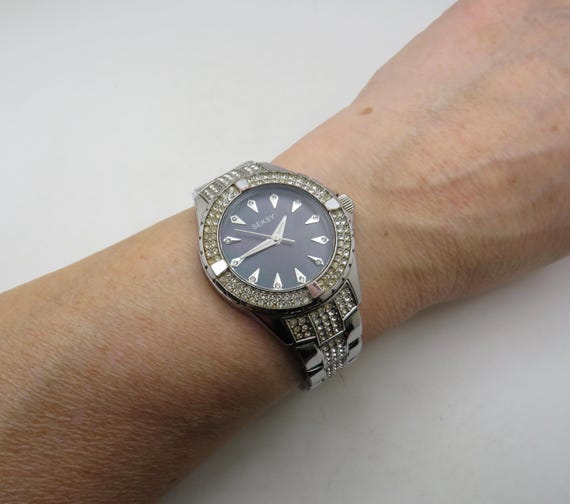 Vintage Sesky Watch: diamond, Stainless Steel, black Pearl Dial, 7" wrist size (q7)