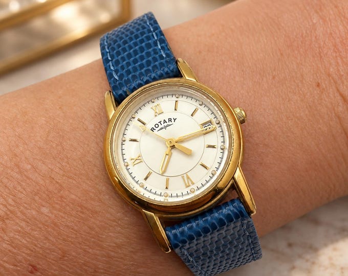 Vintage Rotary Ladies Watch, Gold Tone Dress Watch, Blue Lizard Strap, Classic Elegant Timepiece (Y40)
