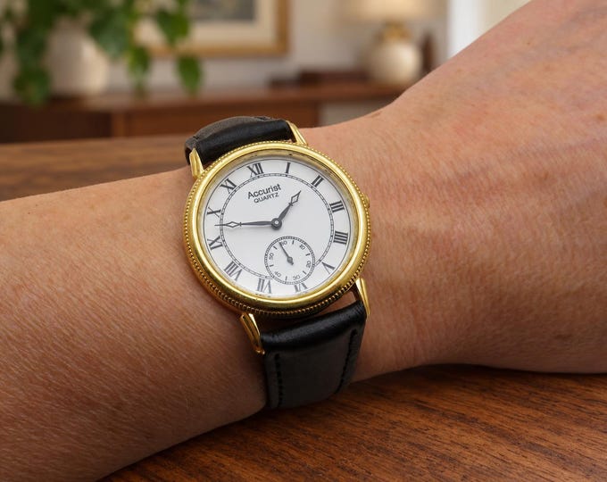 Vintage Accurist Gold Plated Dress Watch, White Dial, Sub Dial (NOS Leather Strap) c24