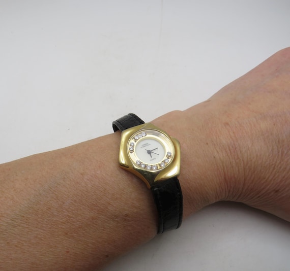 Vintage Ladies Gold Watch diamond dial, black Leather Strap (R12)