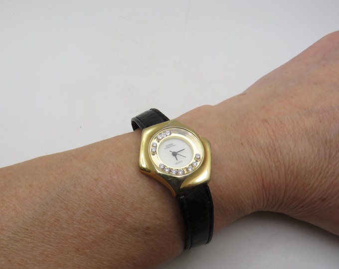 Vintage Ladies Gold Watch diamond dial, black Leather Strap (R12)