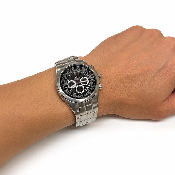 Vintage Casio Chronograph Men's Watch Stainless Steel Black Dial Quartz working rare