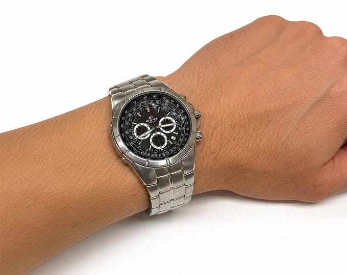 Vintage Casio Chronograph Men's Watch Stainless Steel Black Dial Quartz working rare