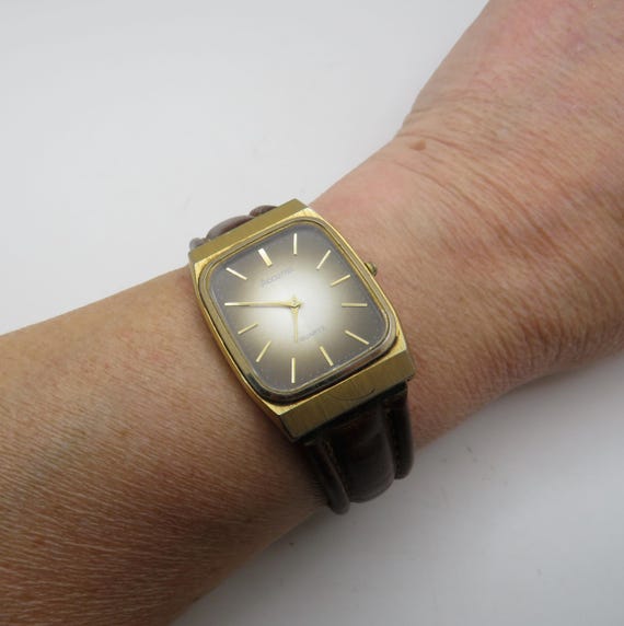 vintage watch / Accurist sports watch brown strap / rectangle gold watch / gents Gold Plated  Dress Watch / Gift for him (J15)