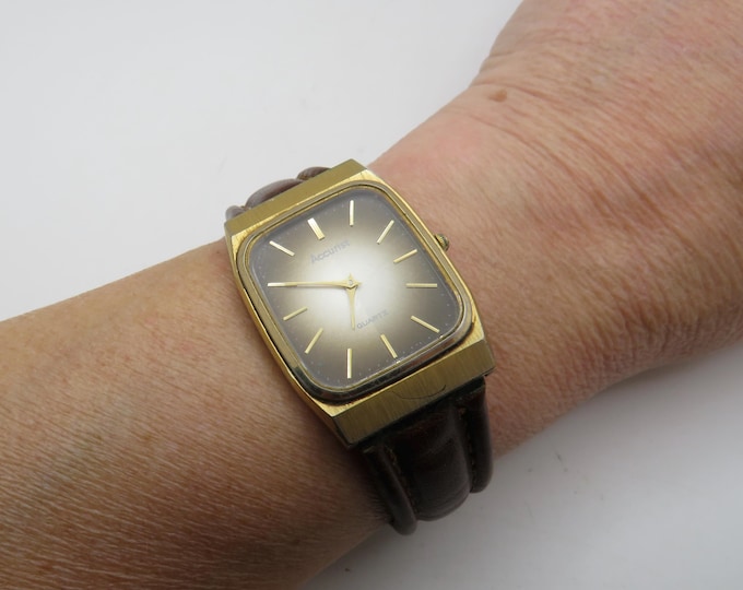 vintage watch / Accurist sports watch brown strap / rectangle gold watch / gents Gold Plated  Dress Watch / Gift for him (J15)