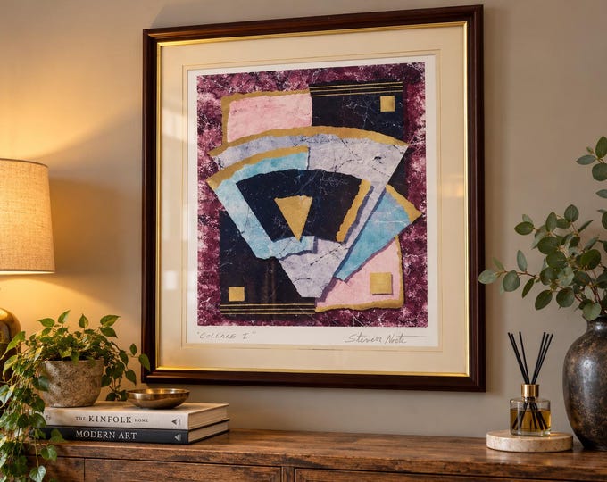 Signed Steven Norte 80s Collage Art in Vintage Frame