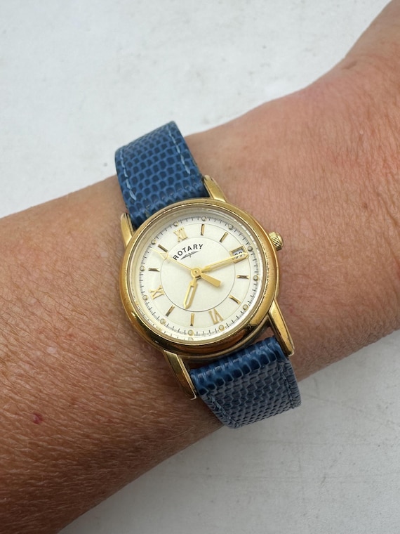 Vintage Rotary Ladies Watch, Gold Tone Dress Watch, Blue Lizard Strap, Classic Elegant Timepiece (Y40)
