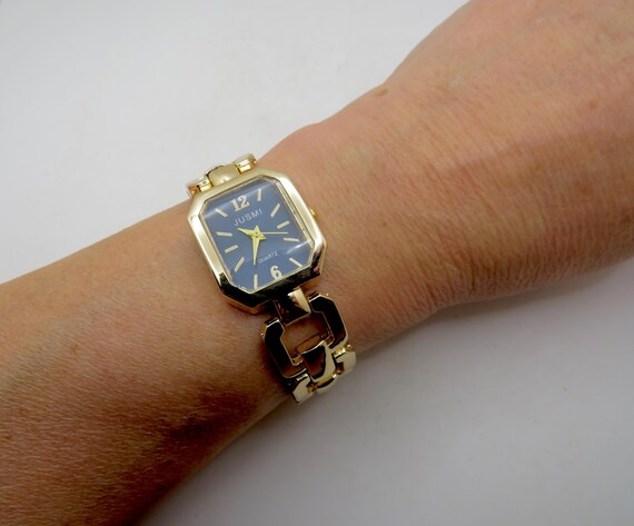 Vintage Gold Plated Ladies Watch: Blue Dial, 7.2" Wrist (BB17)