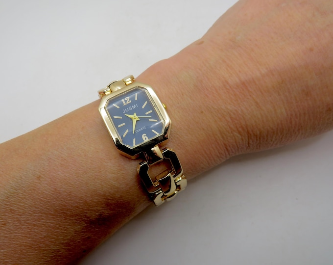 Vintage Gold Plated Ladies Watch: Blue Dial, 7.2" Wrist (BB17)