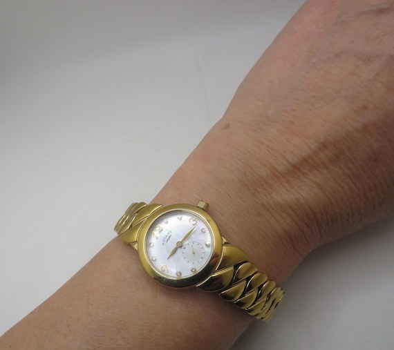 Vintage Rotary pearl watch / Dainty sub dial Quartz watch / gold Dress / 7.6" wrist size /  Gift for her (D11)