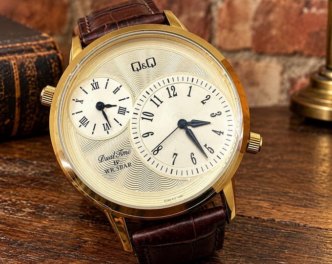 Dual Time Gold Tone Men's Wristwatch – Dual Time Quartz – 44mm – Brown Leather  Q&Q by Citizen