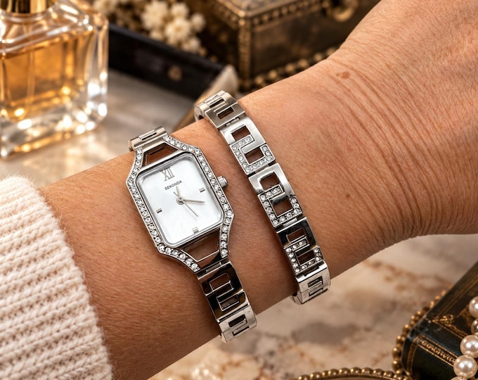 Sekonda Ladies' Crystal Set Rectangular Watch with Art Deco style Bracelet (boxed)