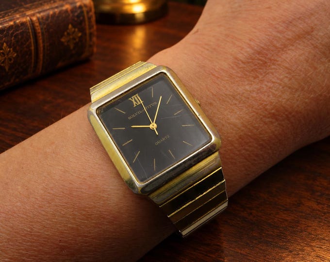 Vintage rectangle watch / tank Watch 8" wrist max  / gold watch / quartz watch / retro watch / mans watch  /  gents watch (i4)