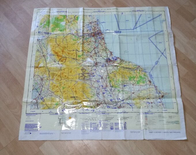 Vintage Air Chart TOPOGRAPHICAL / North East England / Plastic Coated 1970's  Map / CAA / RB