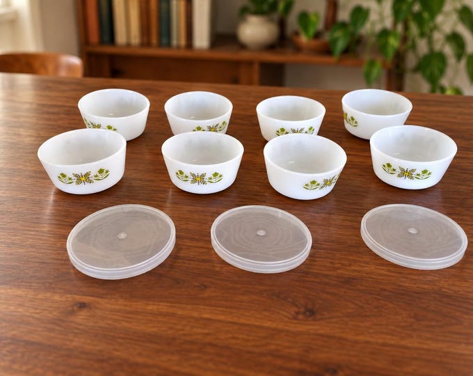Vintage Fire King Meadow Green Custard Bowls with Lids, Set of 8