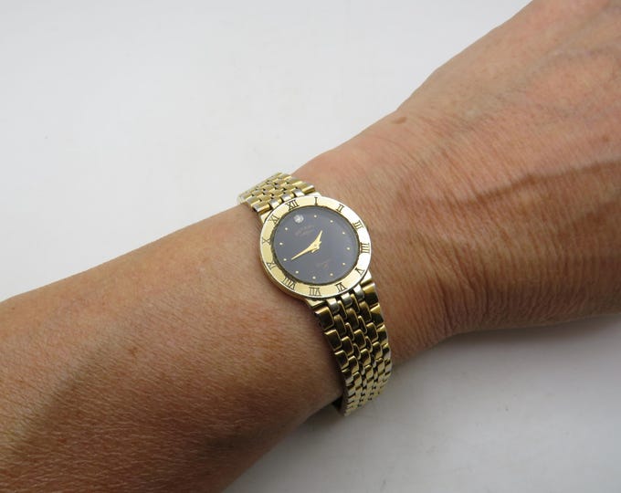 Vintage Rotary Gold Plated Dress Watch: Black Dial, 6.5" Wrist (R10)