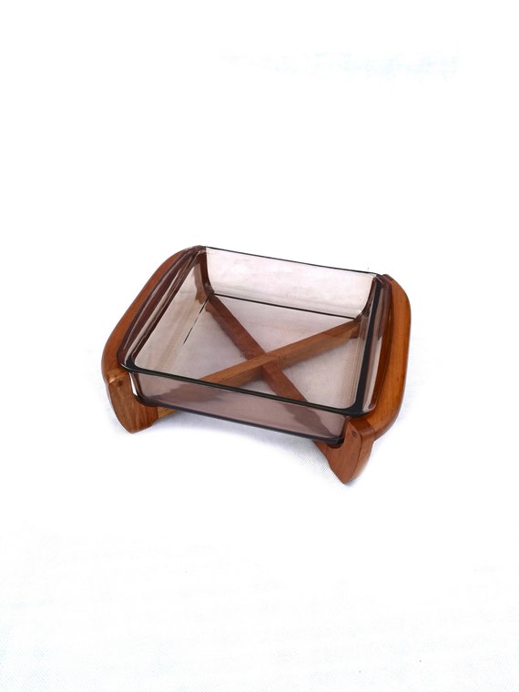 Vintage pyrex glass and teak nibbles / Large dish plate / Retro pyrex /JAJ Vintage / teak