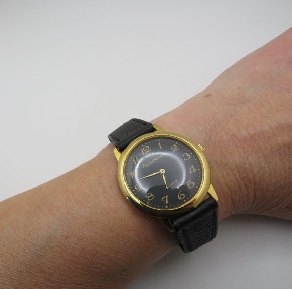 Vintage watch / Black dial Gold  dress watch / gold Quartz watch / gents Gold Plated  Dress Watch / Gift for him (n4)