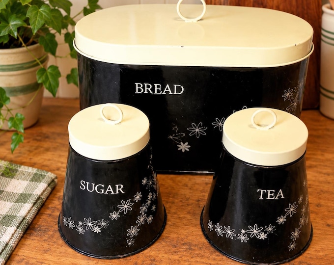 Vintage storage set /  Metal Kitchen tins / retro  kitchen tin /  Retro teak / vintage bread box / vintage kitchen set /