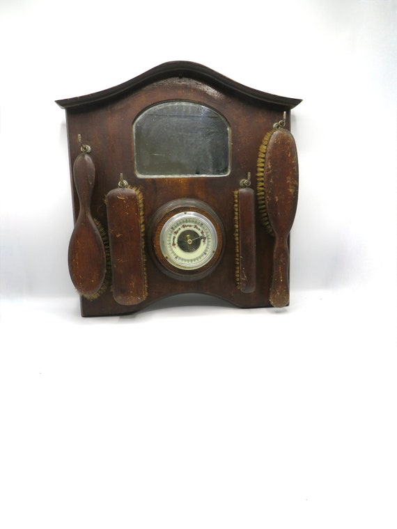 vintage barometer clothes brush set /  Mid Century Wooden  wall mirror clothes brushes / 1900's brush  beautiful  / (A)