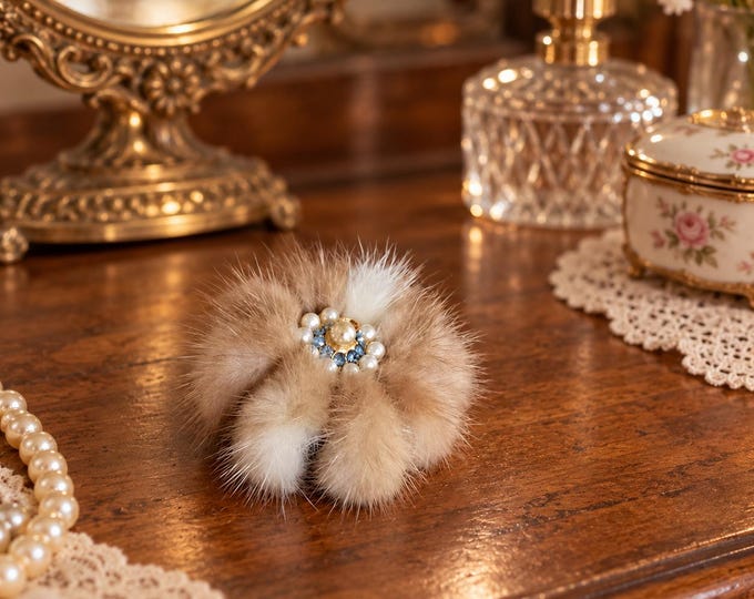 Vintage Mink Fur Brooch, Pearl Accents, Made in England