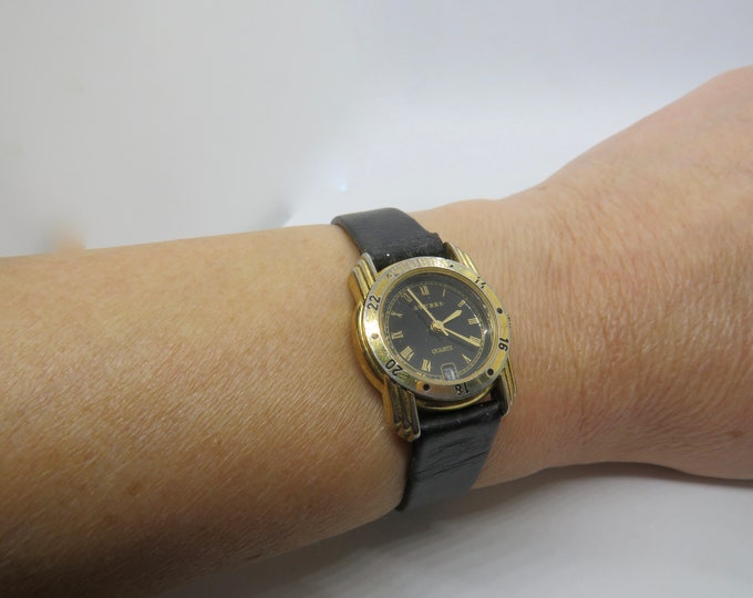 Vintage watch / Stubbs dress watch / black dial Quartz watch / Ladies Gold Dress Watch /  ladies Watch /  Gift for her