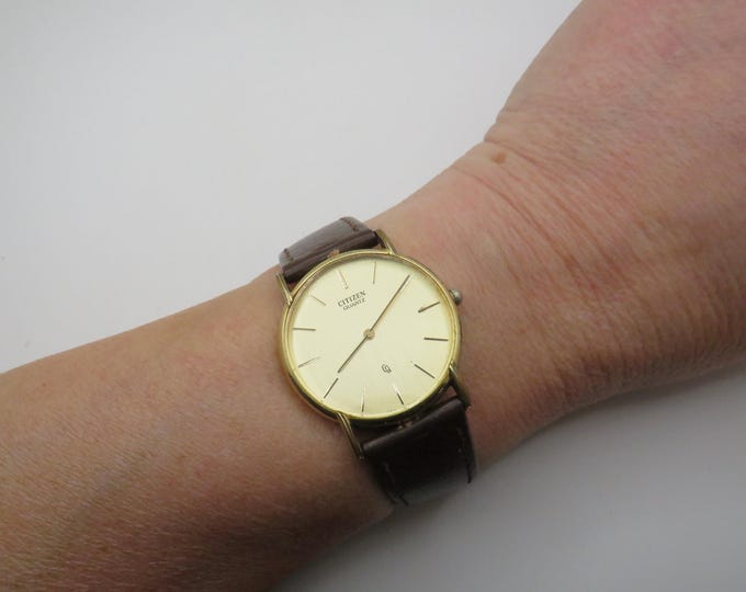 Vintage watch / Citizen watch / Champagne dial Gold  dress watch / gold Quartz watch / gents Gold Plated  Dress Watch / Gift for him (n17)
