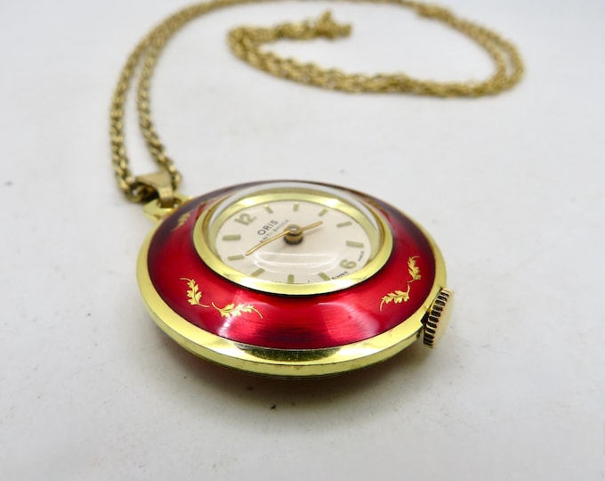 Vintage ORIS pocket watch mechanical watch / Red enamel / Gift for her (J23)