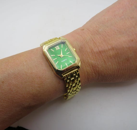 Gold Watch: Green Dial, Rectangle Face BB18