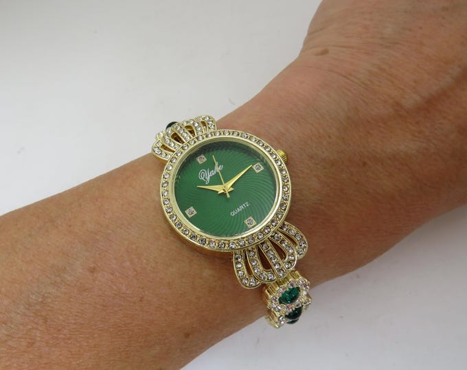 Vintage Green Dial Ladies Crown Watch: Gold Plated Bracelet,  AA11