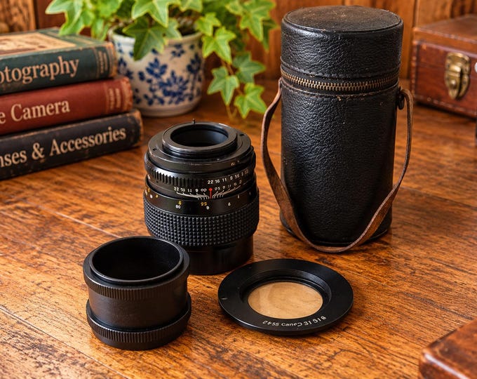 Vintage Auto Chinon 135mm Lens, Canon EOS EF Adapter & Case (refus)