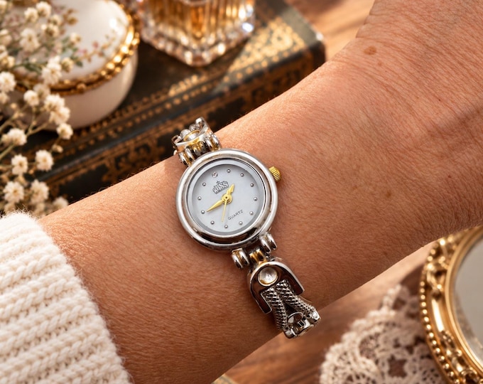 Vintage Ladies Two Tone Quartz Bracelet Watch, Silver Gold Tone, Small Wrist, Elegant Dress Watch (x30)