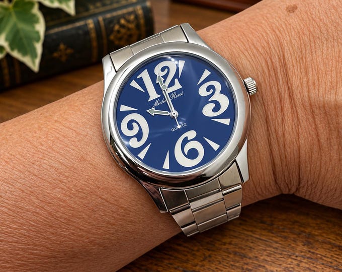 Michel Renée Men's Blue Dial Quartz Watch, Silver Tone Statement Timepiece  bb26