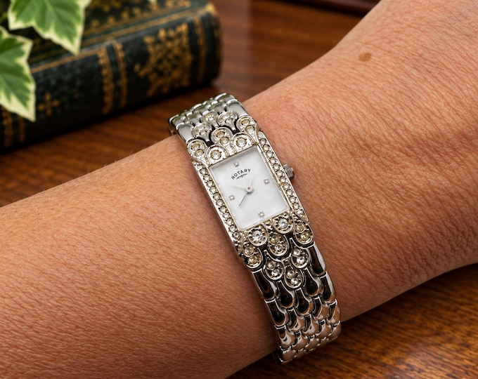 Vintage Rotary Cocktail Watch, Pearl Dial, Stainless Steel Band (f33)