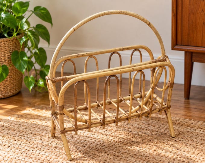 Vintage Bamboo Rattan Magazine Rack, Mid-Century Modern Decor