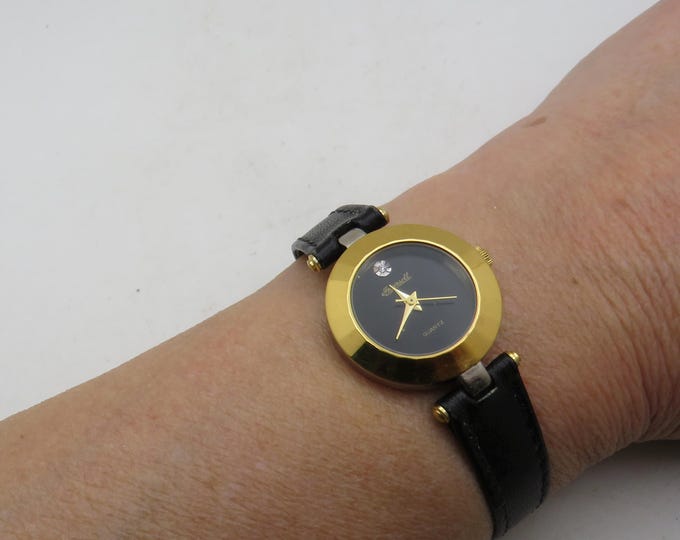 Vintage diamond watch, Gold plate Finish, black dial Leather Strap (s14)