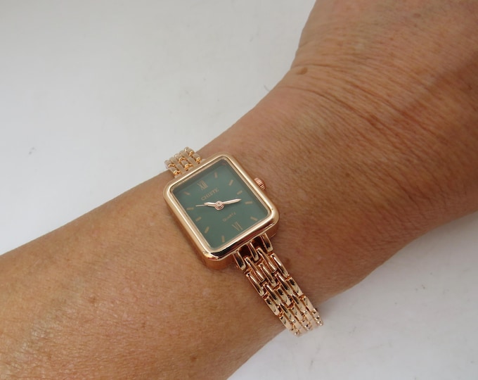 Vintage Rose Gold Watch: Green Dial, Rectangle Face AA10
