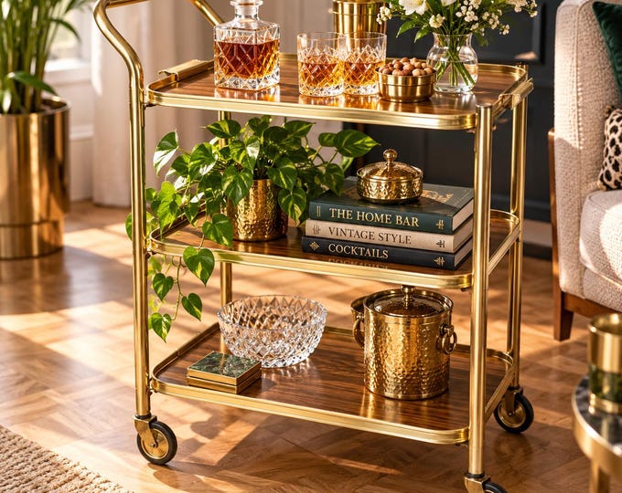 vintage Bar cart / stainless steel bar cart / retro Bar Trolley  / 3 tier / Bar Cart trolley / 1960's / 1970s  cart / bar cart / movie prop