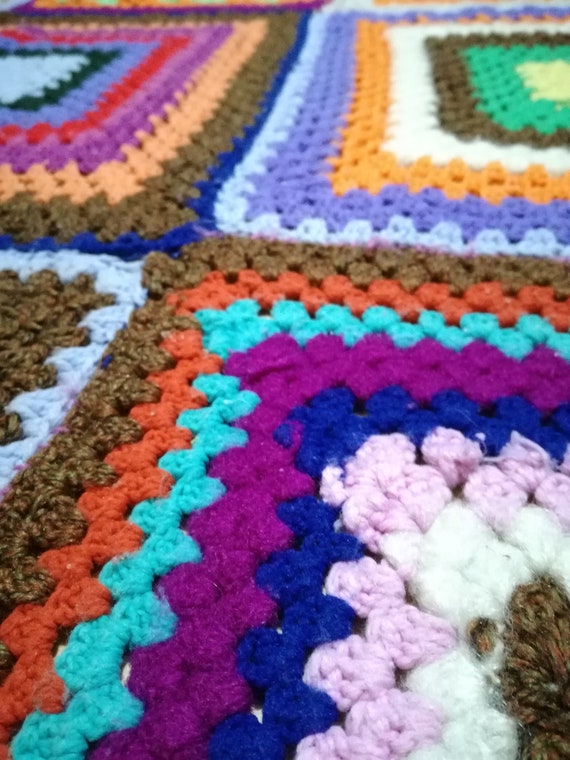 wool camper van throw / Large 60" Knitted crochet blanket / vintage  yarn bombers / retro knit / vintage cover / vintage knitted blanket