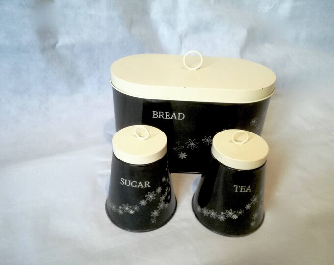 Vintage storage set /  Metal Kitchen tins / retro  kitchen tin /  Retro teak / vintage bread box / vintage kitchen set /