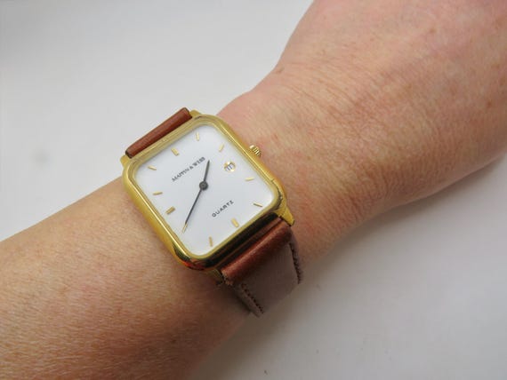 Vintage rectangle watch / mappin and webb vintage tank watch / Hirsch sheep strap / white dial / quartz watch / retro watch / R15