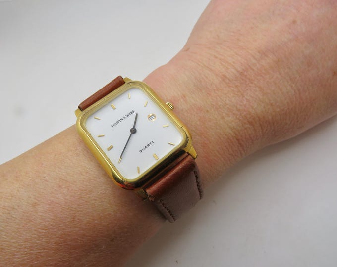 Vintage rectangle watch / mappin and webb vintage tank watch / Hirsch sheep strap / white dial / quartz watch / retro watch / R15