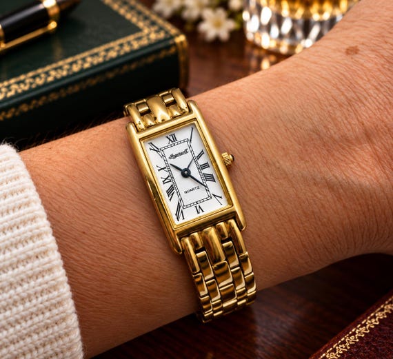 Vintage Rectangle Gold Dress Watch, whiteDial, 7.2" Wrist (RA13)
