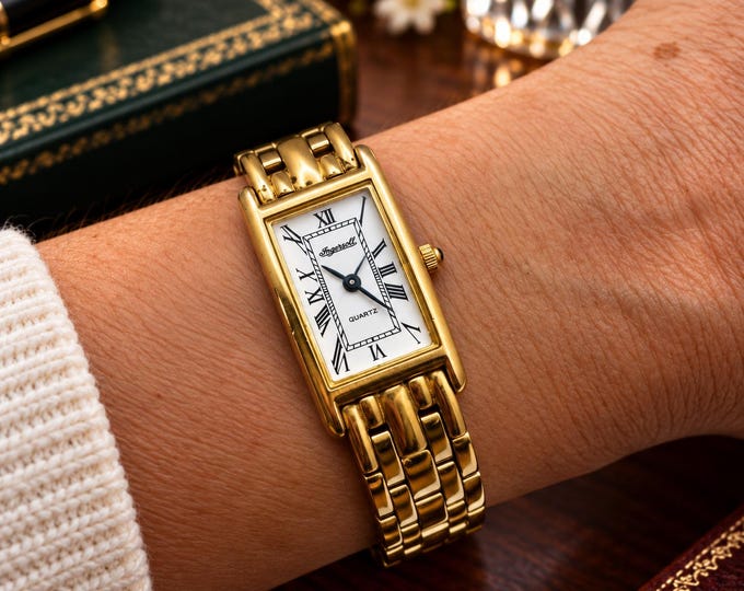 Vintage Rectangle Gold Dress Watch, whiteDial, 7.2" Wrist (RA13)