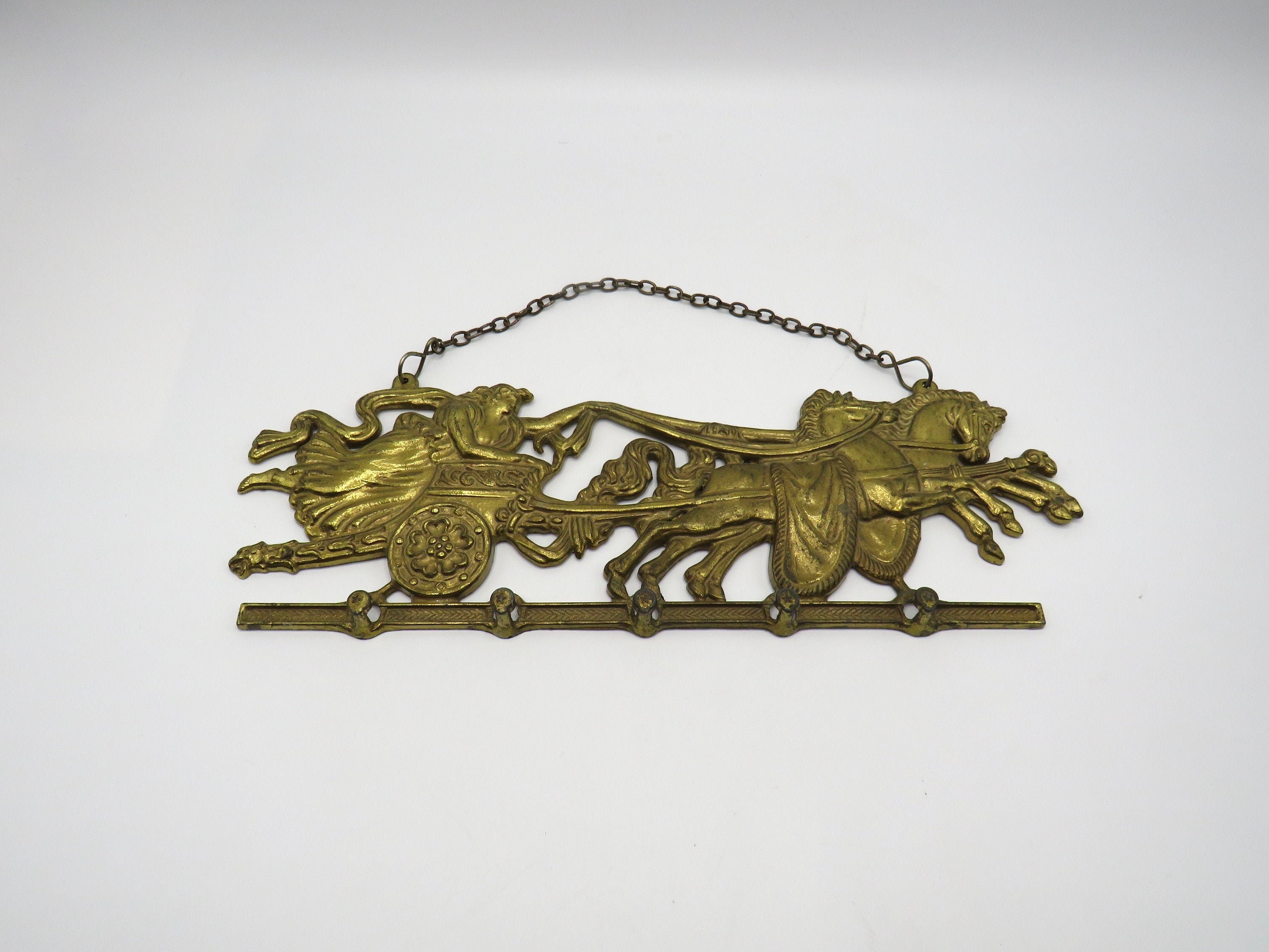Vintage Brass Horse And Chariot Key Holder for 5 keys 