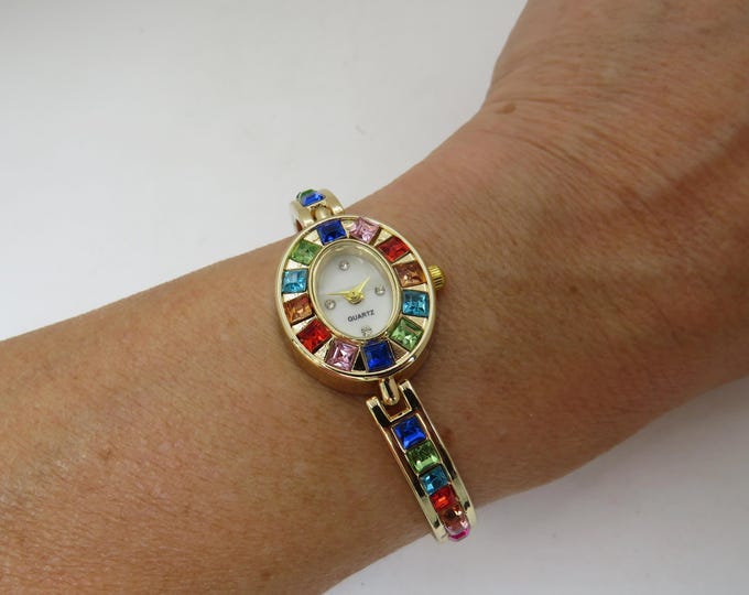 Vintage Harlequin Watch: Gold Plated Bracelet, White Oval Dial AA13