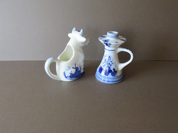 Vintage Delf / milk Jug / Candle holder /  Blue and White / Delftware / 2x Windmill / Holland /