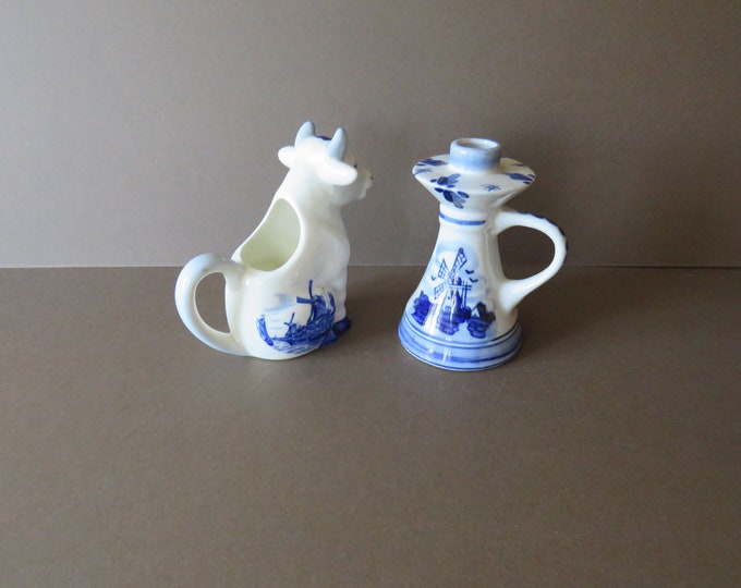 Vintage Delf / milk Jug / Candle holder /  Blue and White / Delftware / 2x Windmill / Holland /