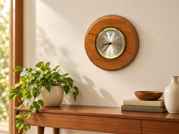 Vintage Nautical Wood Wall Clock, Brass Dial, Made in Germany